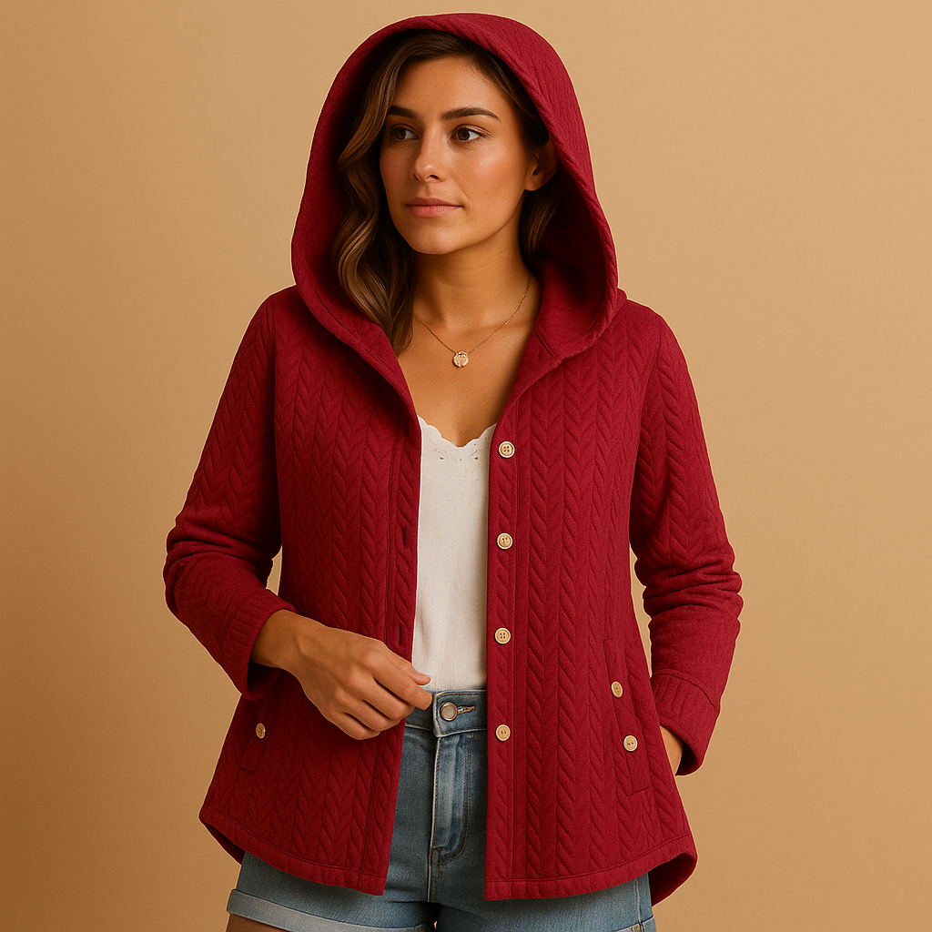 Long winter coat with hood for women, featuring extended fit, warm fabric, and button closure, available in army green, black, grey, navy blue, and red.