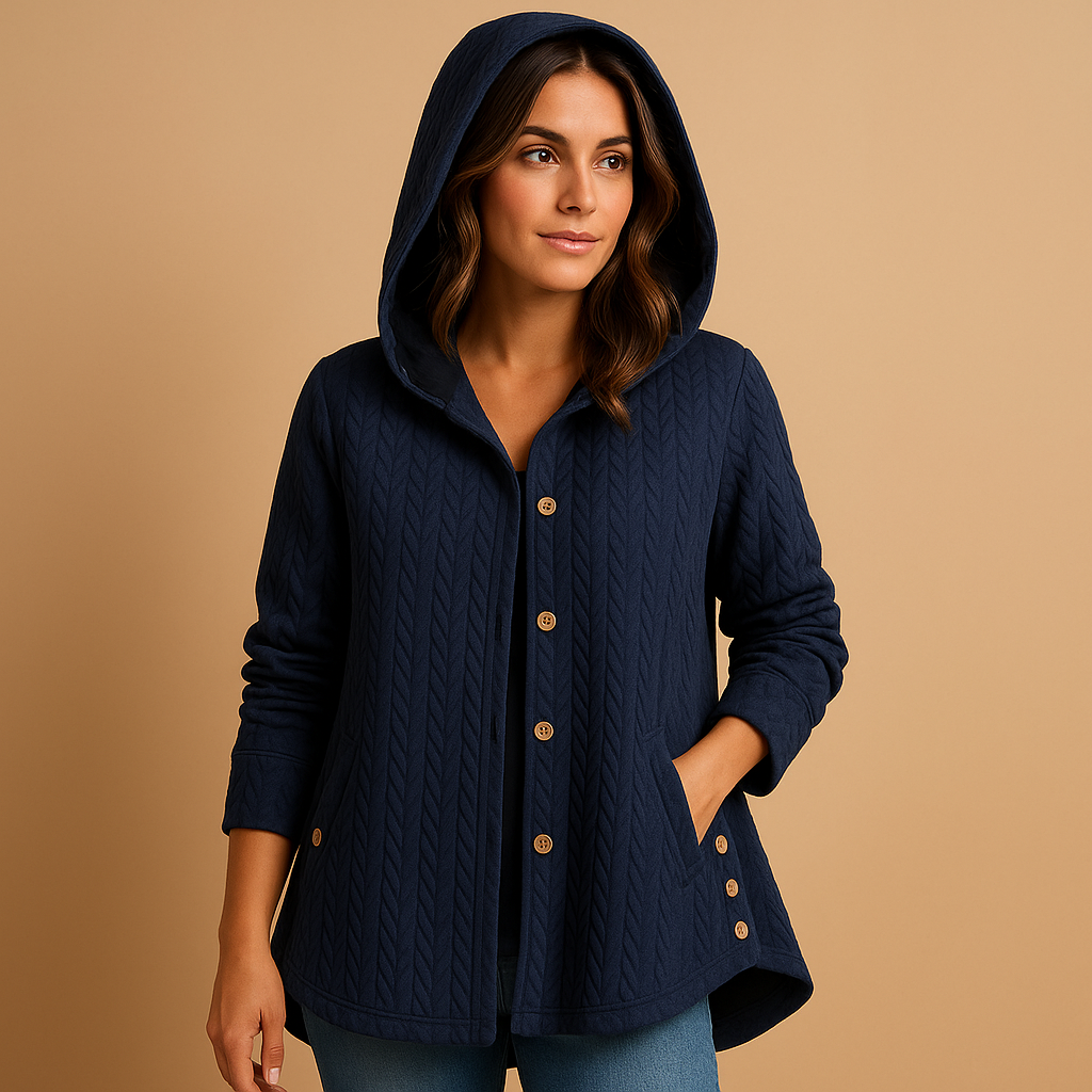 Long winter coat with hood for women, featuring extended fit, warm fabric, and button closure, available in army green, black, grey, navy blue, and red.