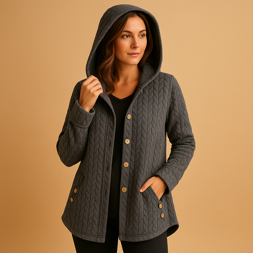 Long winter coat with hood for women, featuring extended fit, warm fabric, and button closure, available in army green, black, grey, navy blue, and red.