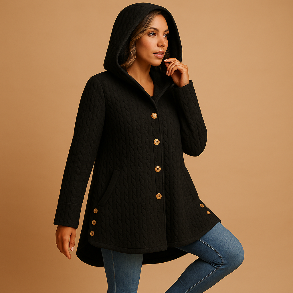 Long winter coat with hood for women, featuring extended fit, warm fabric, and button closure, available in army green, black, grey, navy blue, and red.