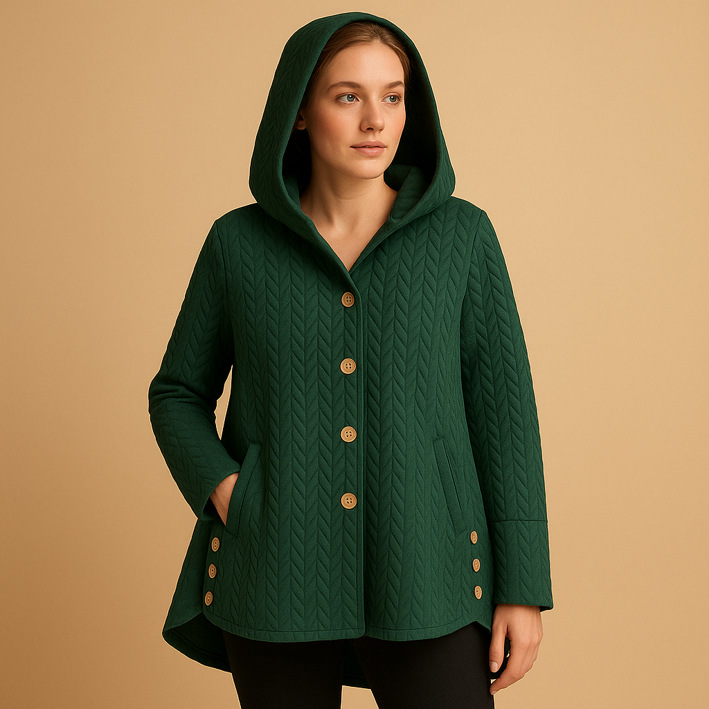 Long winter coat with hood for women, featuring extended fit, warm fabric, and button closure, available in army green, black, grey, navy blue, and red.