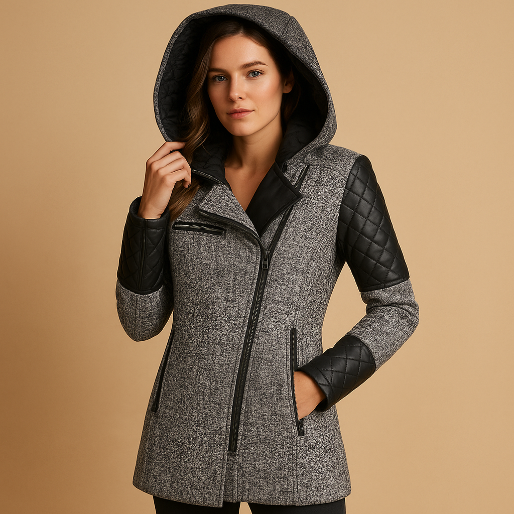 Women’s long winter coat with hood in black, navy, or beige. Elegant and insulating design, perfect for casual walks or formal occasions.