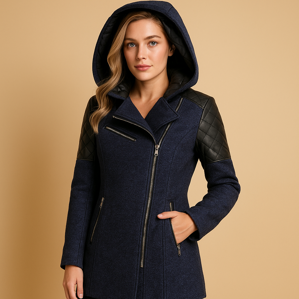 Women’s long winter coat with hood in black, navy, or beige. Elegant and insulating design, perfect for casual walks or formal occasions.