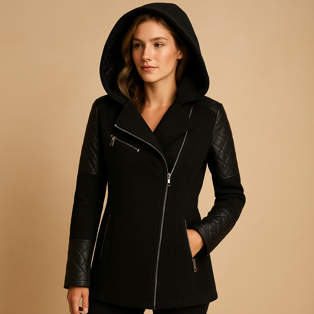 Women’s long winter coat with hood in black, navy, or beige. Elegant and insulating design, perfect for casual walks or formal occasions.