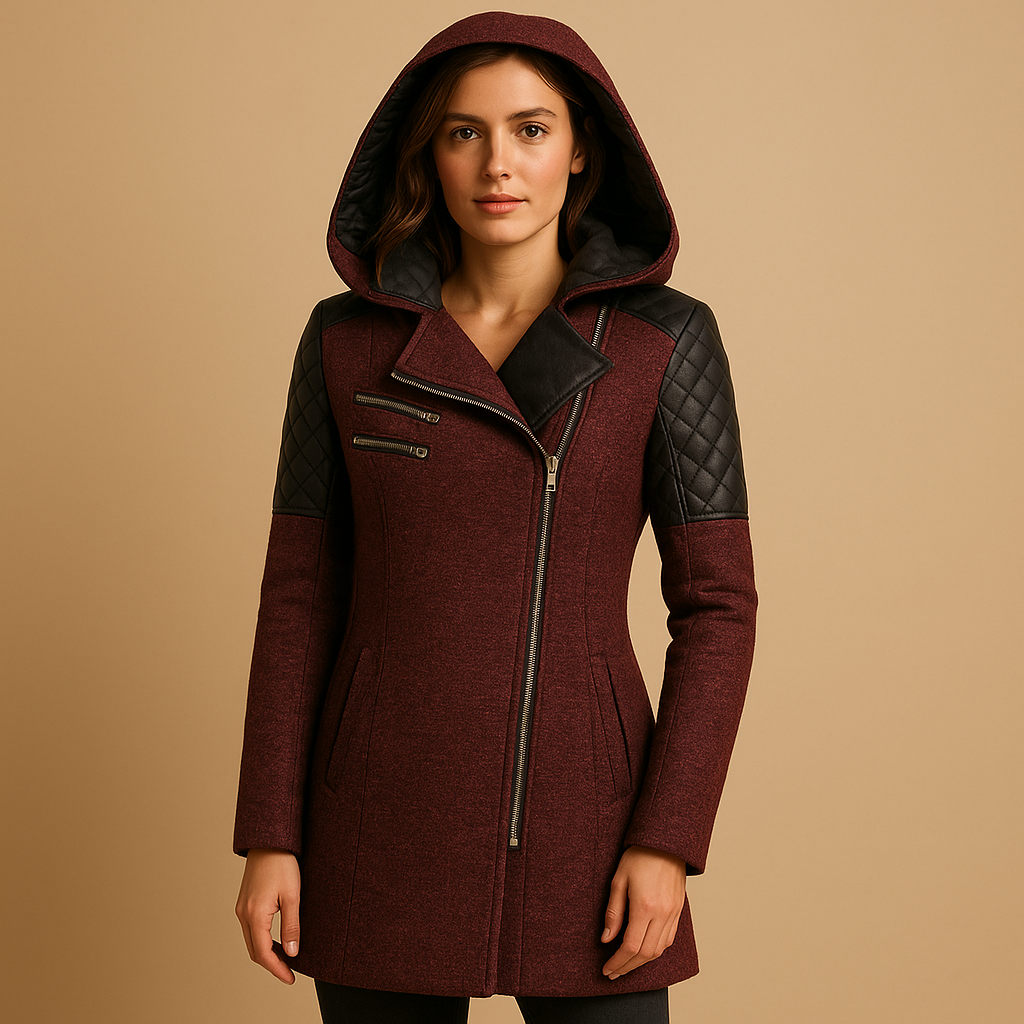 Women’s long winter coat with hood in black, navy, or beige. Elegant and insulating design, perfect for casual walks or formal occasions.