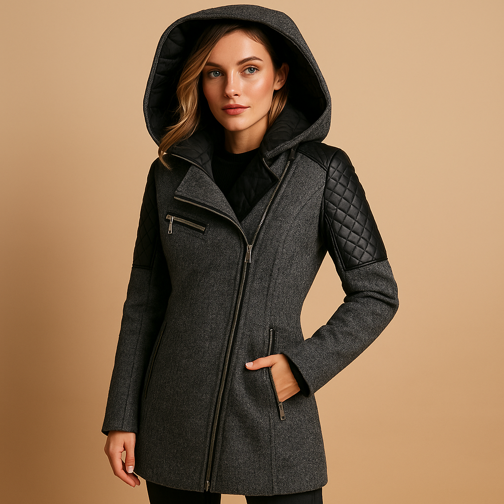 Women’s long winter coat with hood in black, navy, or beige. Elegant and insulating design, perfect for casual walks or formal occasions.