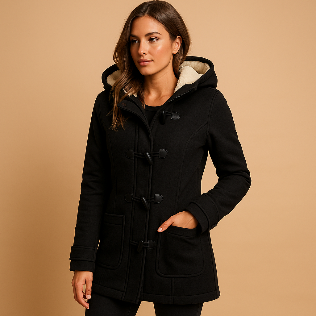 Women’s long winter coat with hood, wind-resistant design, and modern silhouette. Stylish and protective outerwear for cold days.