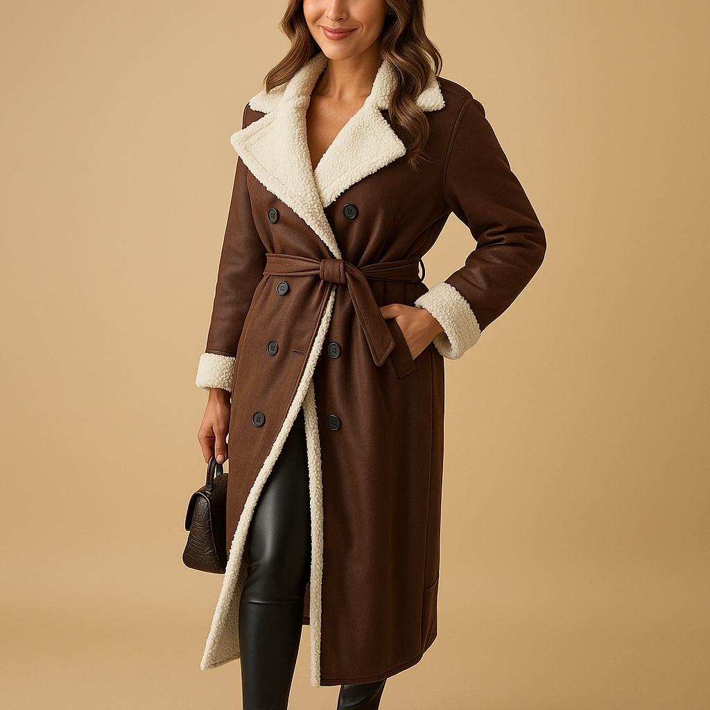 Long winter coat for women with quilted lining, modern fit, and timeless design, available in black, khaki, apricot, and brown.