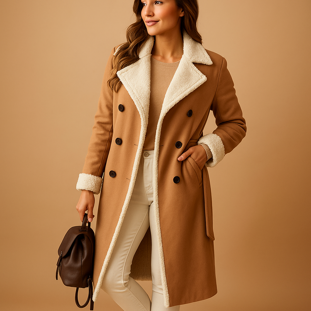 Long winter coat for women with quilted lining, modern fit, and timeless design, available in black, khaki, apricot, and brown.