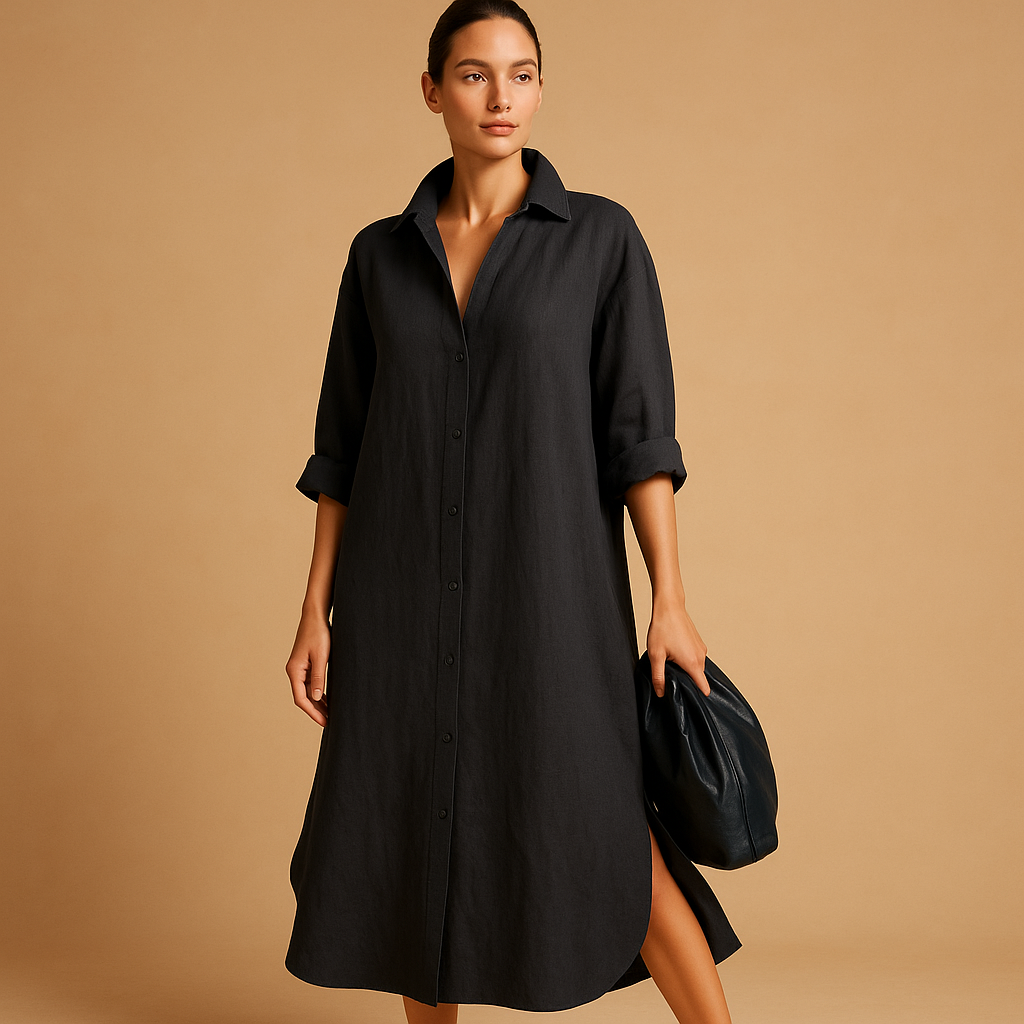 Light hemp blend women’s shirt dress with button closure, perfect for spring, summer, and casual or special occasions.