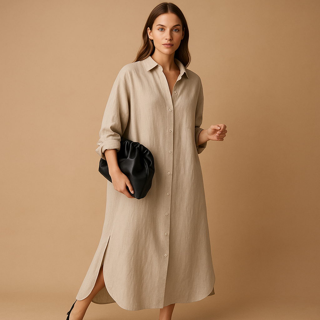 Light hemp blend women’s shirt dress with button closure, perfect for spring, summer, and casual or special occasions.