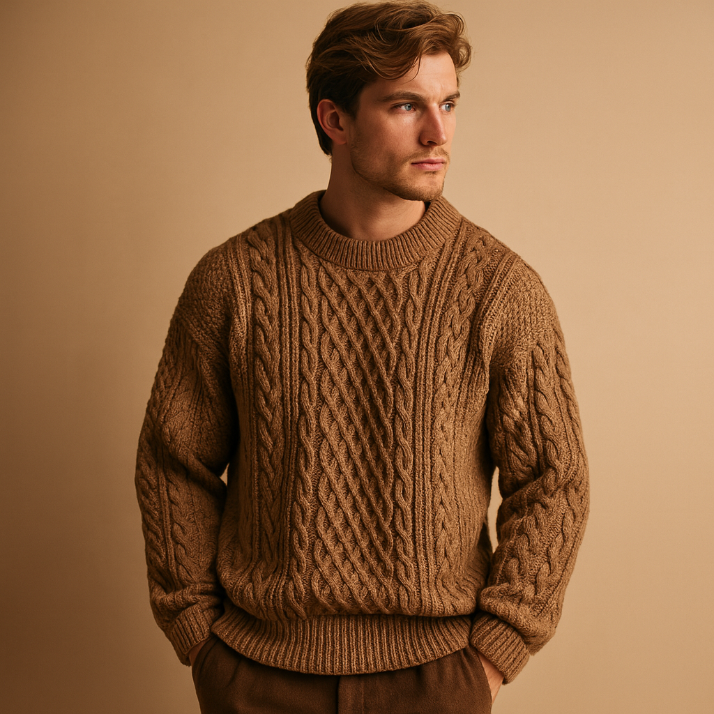 Men’s loose knit round-neck sweater with soft texture and relaxed fit, perfect for autumn, winter, and casual wear.