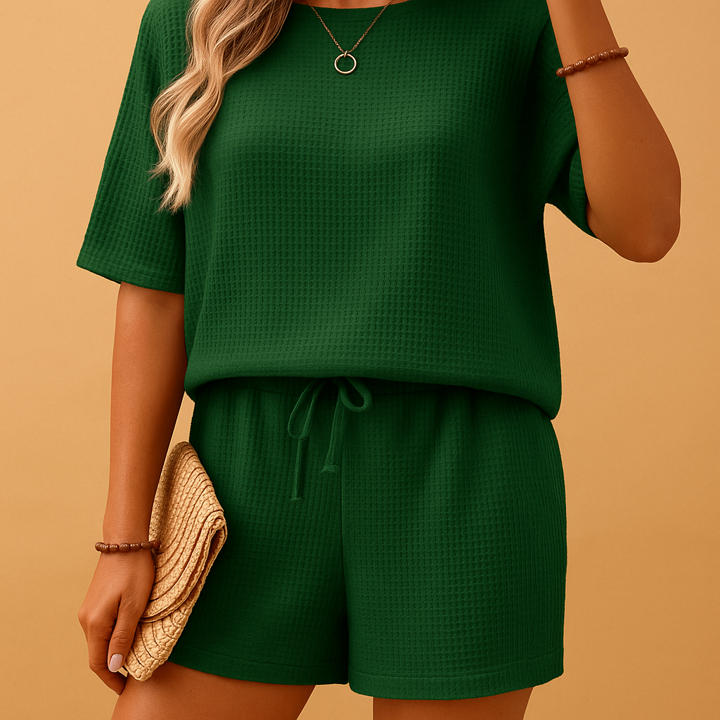 Comfortable loungewear short set for women with soft breathable fabric, round neck top, and elastic waist shorts, perfect for home and casual days.