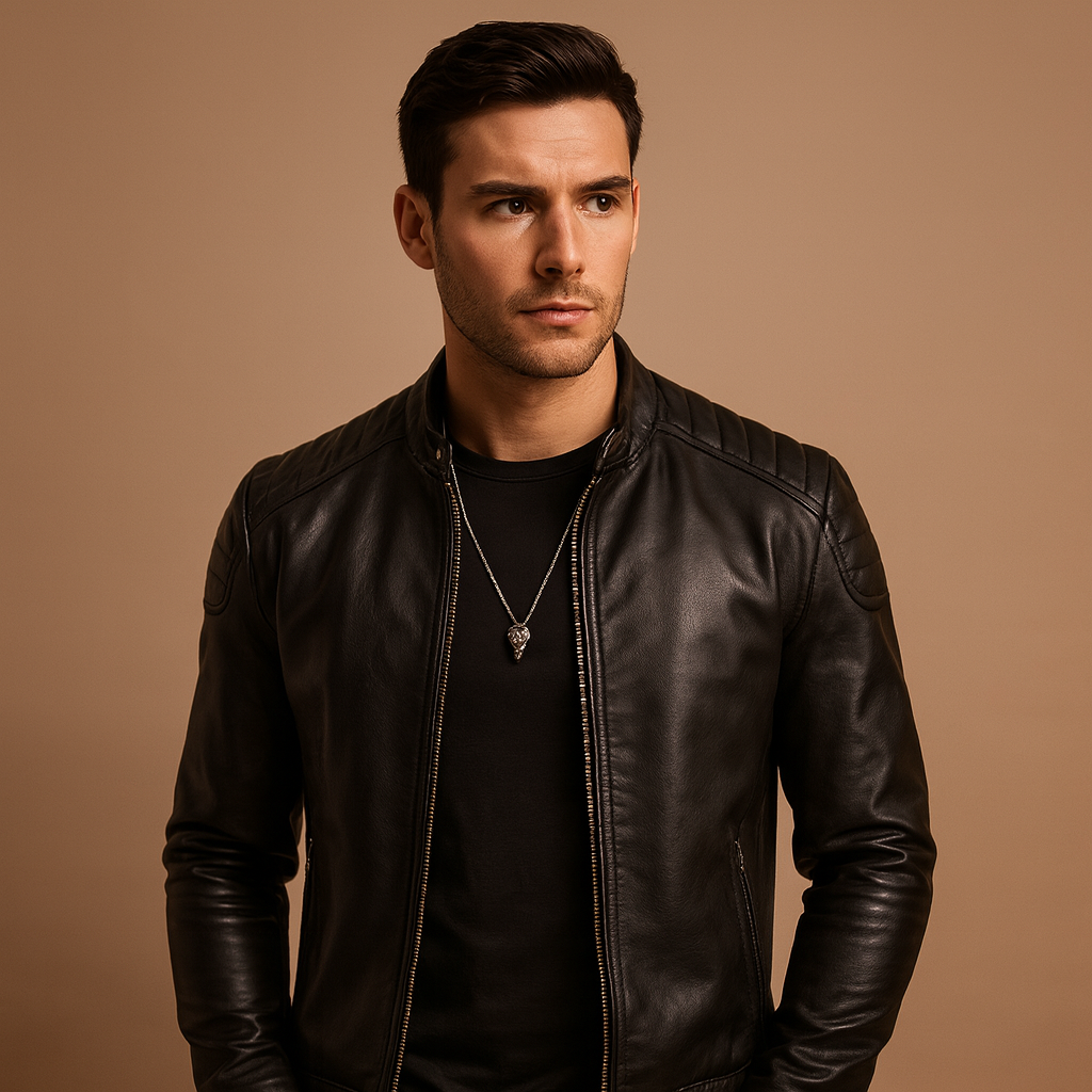 Men’s luxury biker jacket with soft breathable fabric, classic design, and versatile style for business or casual outfits.