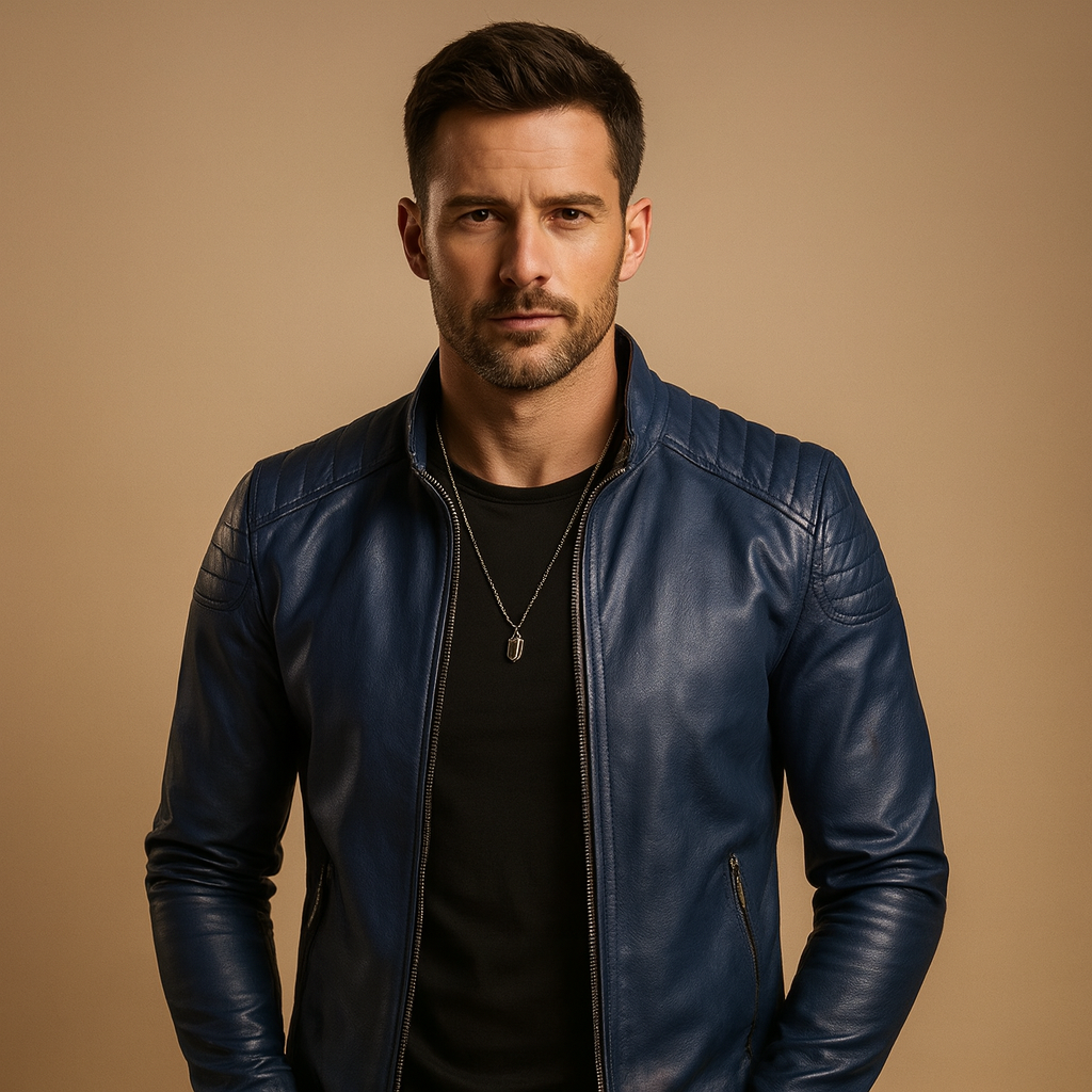 Men’s luxury biker jacket with soft breathable fabric, classic design, and versatile style for business or casual outfits.