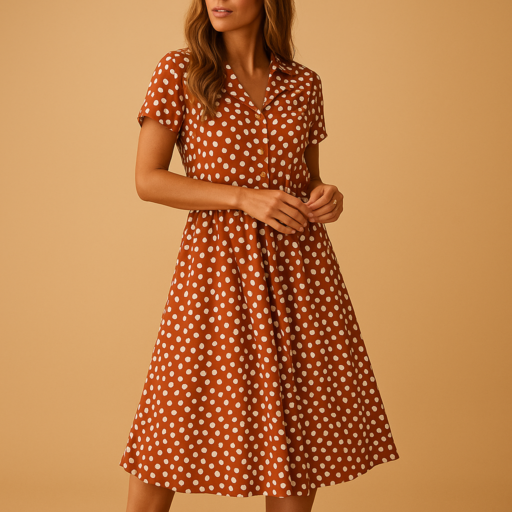 Women’s midi A-line dress with V-neckline, short sleeves, and button details, perfect for summer outings, casual wear, or chic occasions.