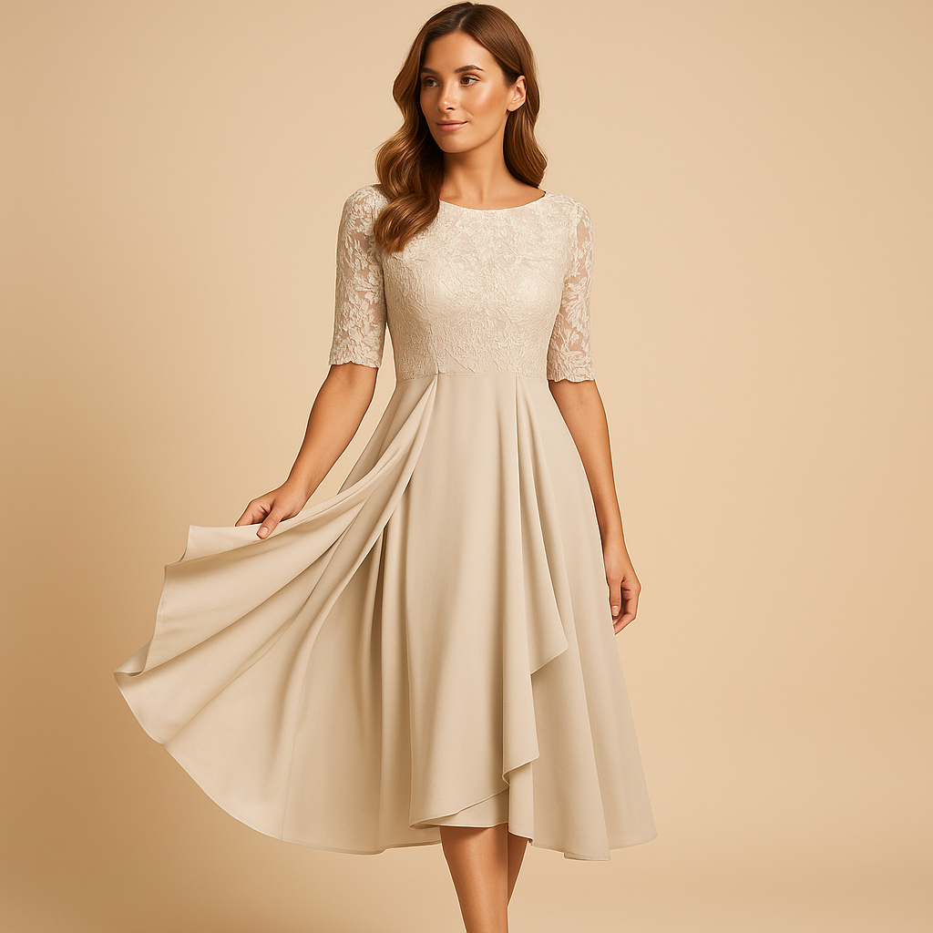 Women’s midi dress with lace top, elbow-length sleeves, and asymmetrical layered skirt. Perfect for cocktail parties and special summer occasions.