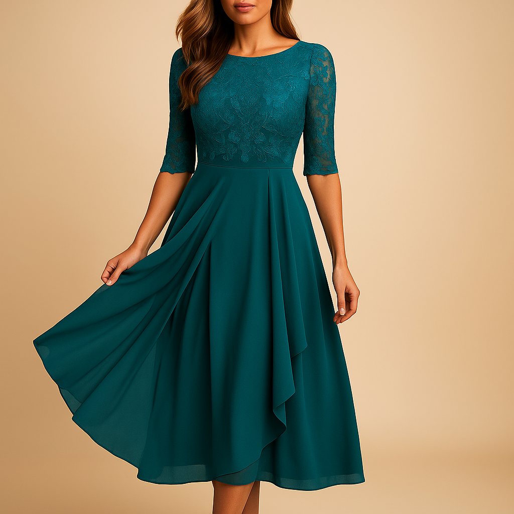 Women’s midi dress with lace top, elbow-length sleeves, and asymmetrical layered skirt. Perfect for cocktail parties and special summer occasions.