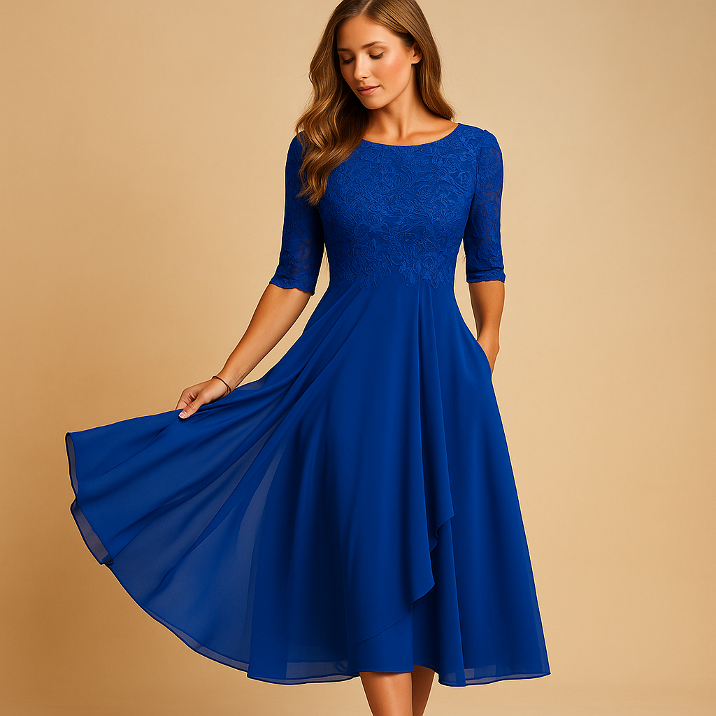 Women’s midi dress with lace top, elbow-length sleeves, and asymmetrical layered skirt. Perfect for cocktail parties and special summer occasions.