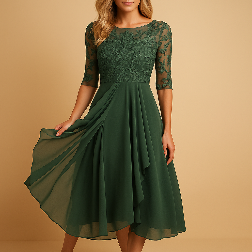 Women’s midi dress with lace top, elbow-length sleeves, and asymmetrical layered skirt. Perfect for cocktail parties and special summer occasions.