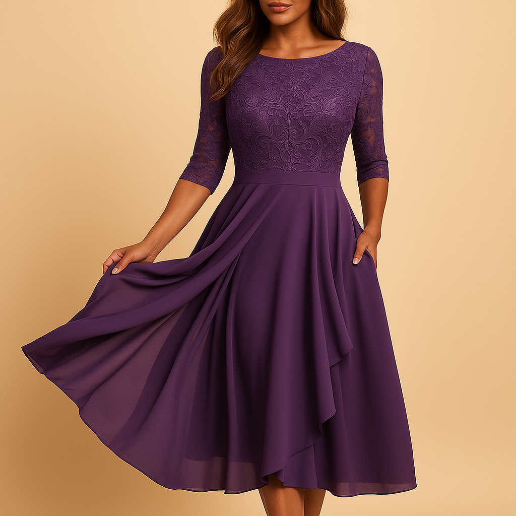Women’s midi dress with lace top, elbow-length sleeves, and asymmetrical layered skirt. Perfect for cocktail parties and special summer occasions.