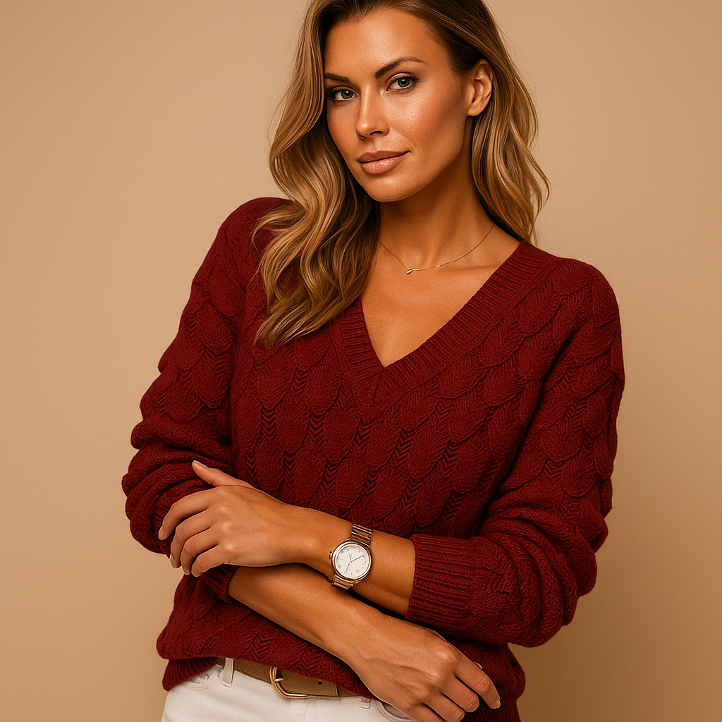 Women’s minimalist knit sweater with round neckline and relaxed fit, available in multiple colors, perfect for casual or formal outfits.