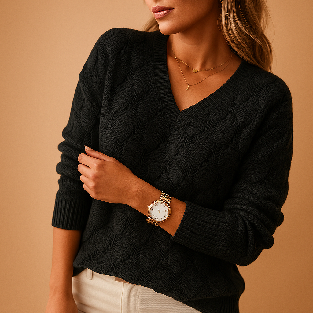 Women’s minimalist knit sweater with round neckline and relaxed fit, available in multiple colors, perfect for casual or formal outfits.