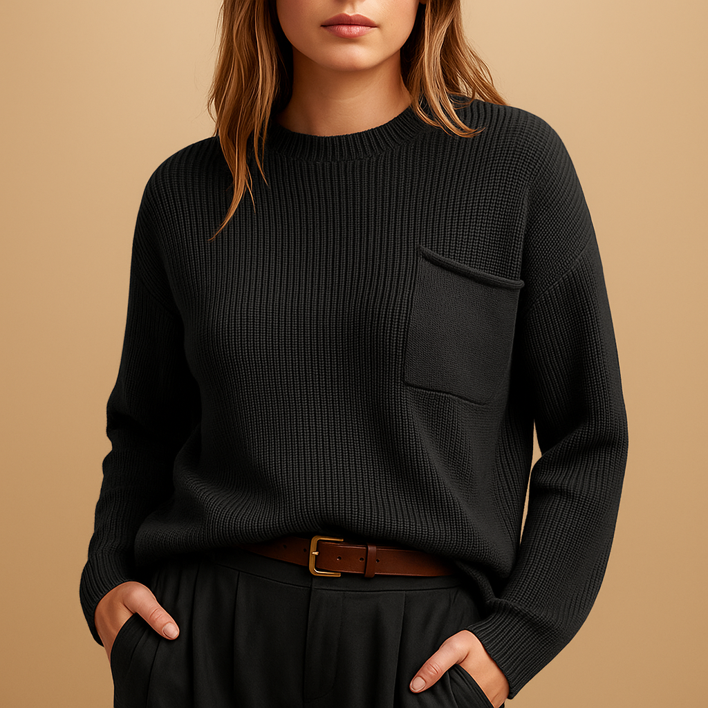 Minimalist knitted pullover for women in brick red, grey, black, and white with a relaxed fit and sleek silhouette, ideal for casual or office wear.
