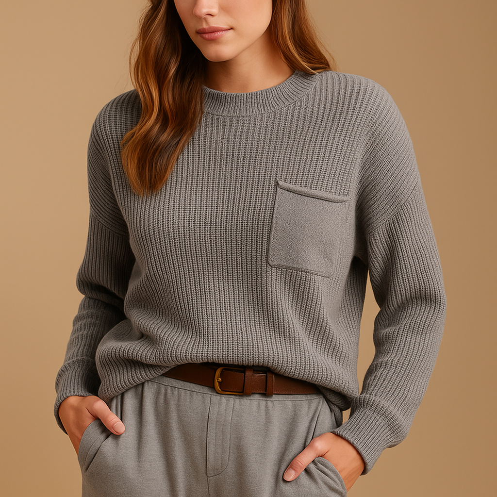 Minimalist knitted pullover for women in brick red, grey, black, and white with a relaxed fit and sleek silhouette, ideal for casual or office wear.