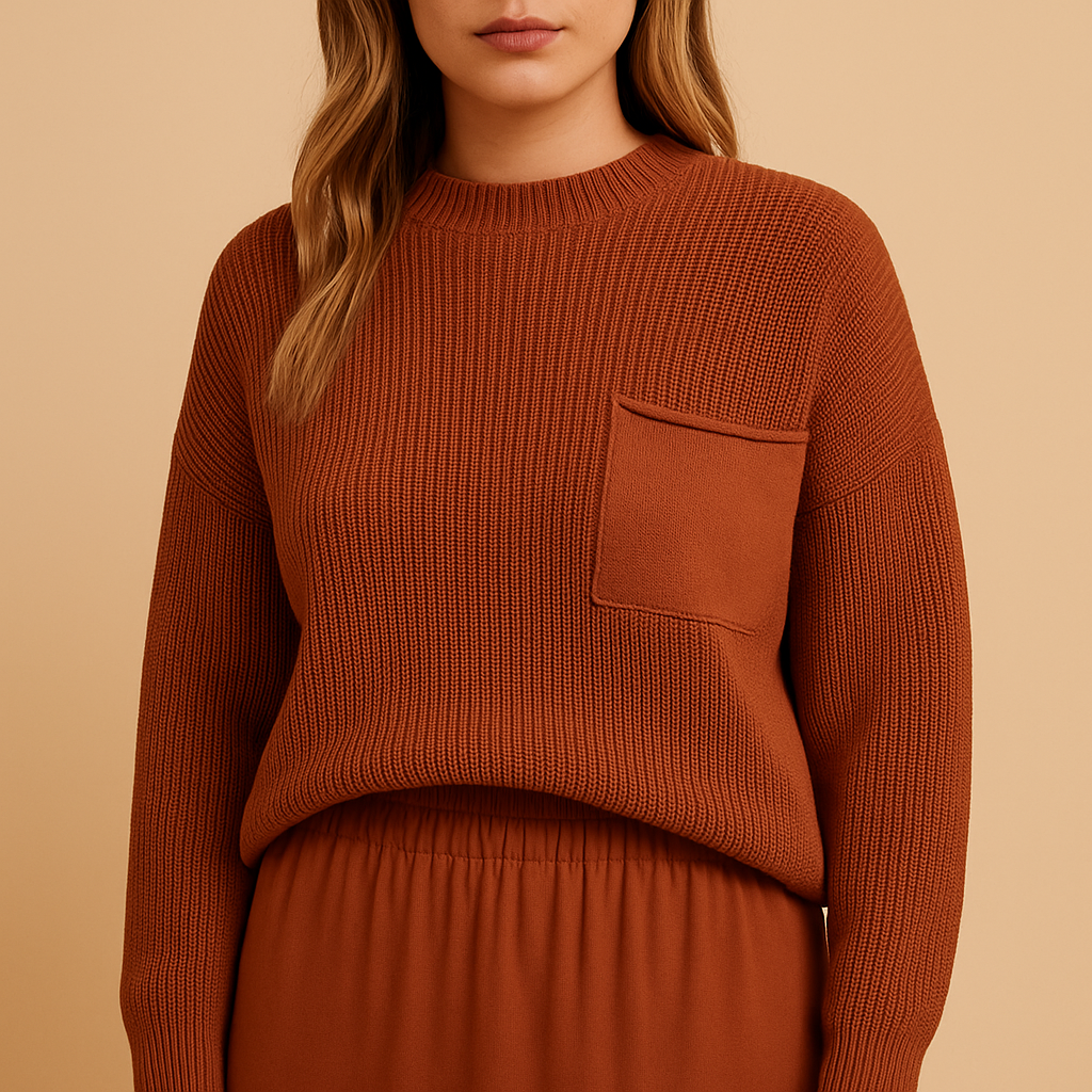 Minimalist knitted pullover for women in brick red, grey, black, and white with a relaxed fit and sleek silhouette, ideal for casual or office wear.