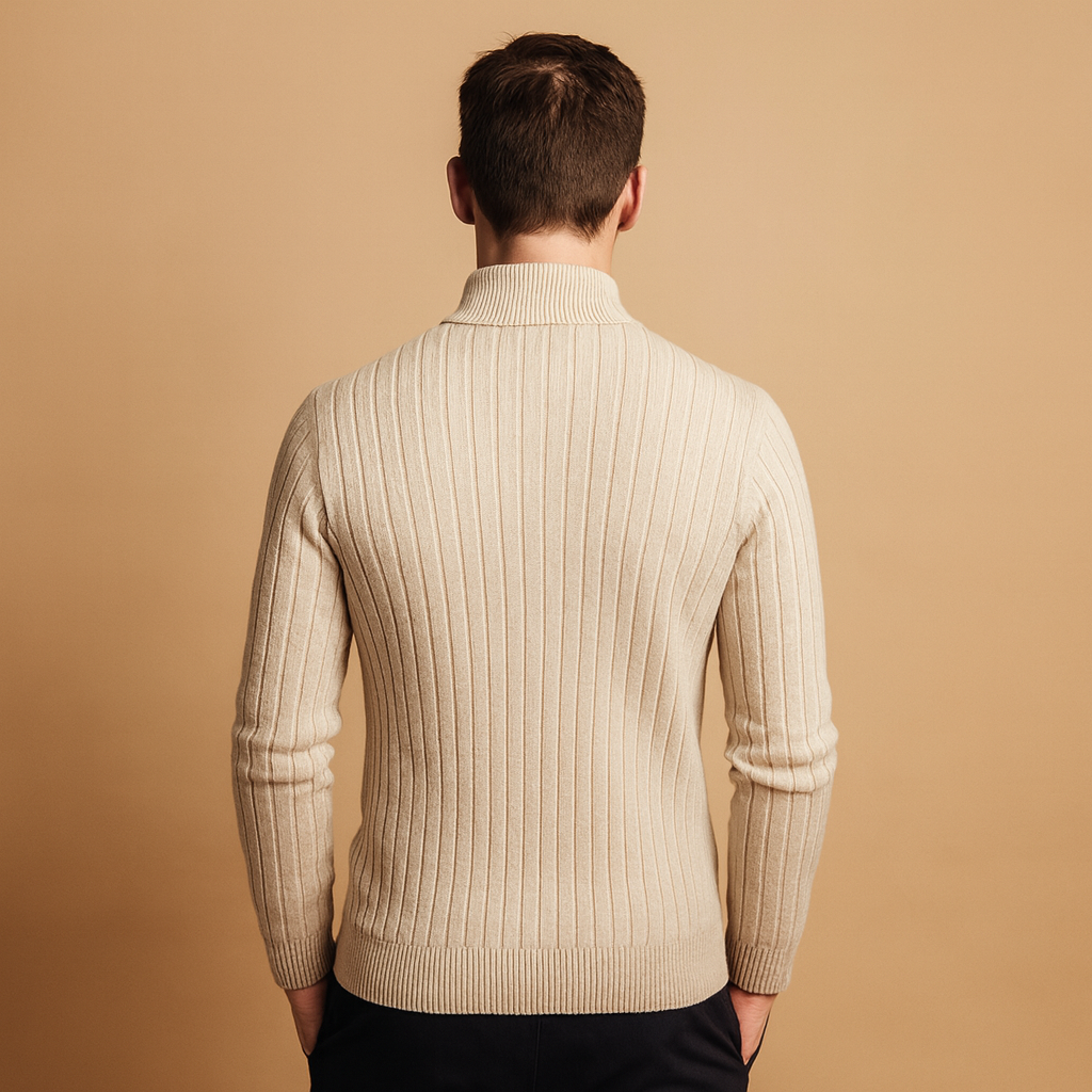 Men’s modern half-zip sweater with rib-knit sleeves, designed for warmth and smart-casual outfits during autumn and winter.