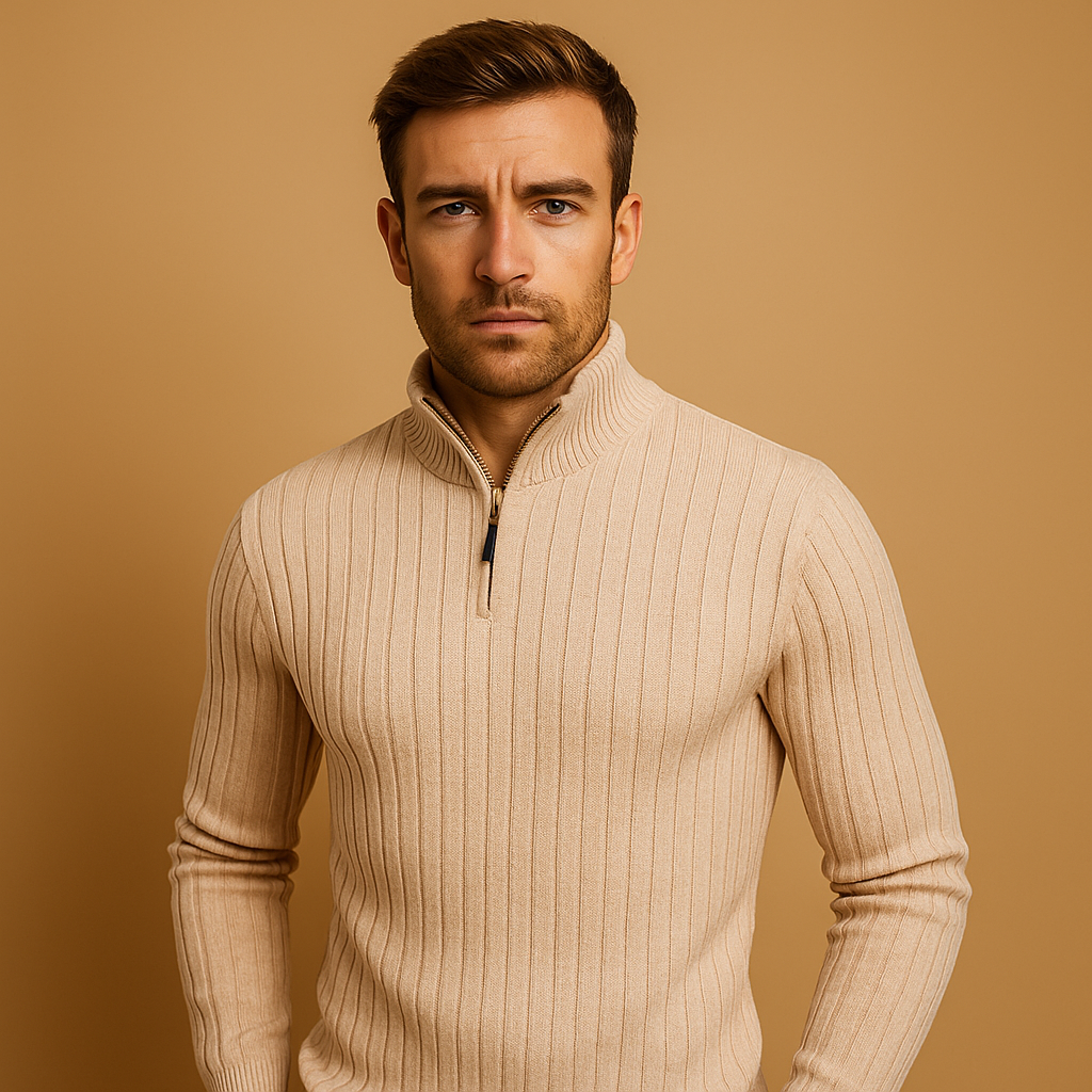 Men’s modern half-zip sweater with rib-knit sleeves, designed for warmth and smart-casual outfits during autumn and winter.