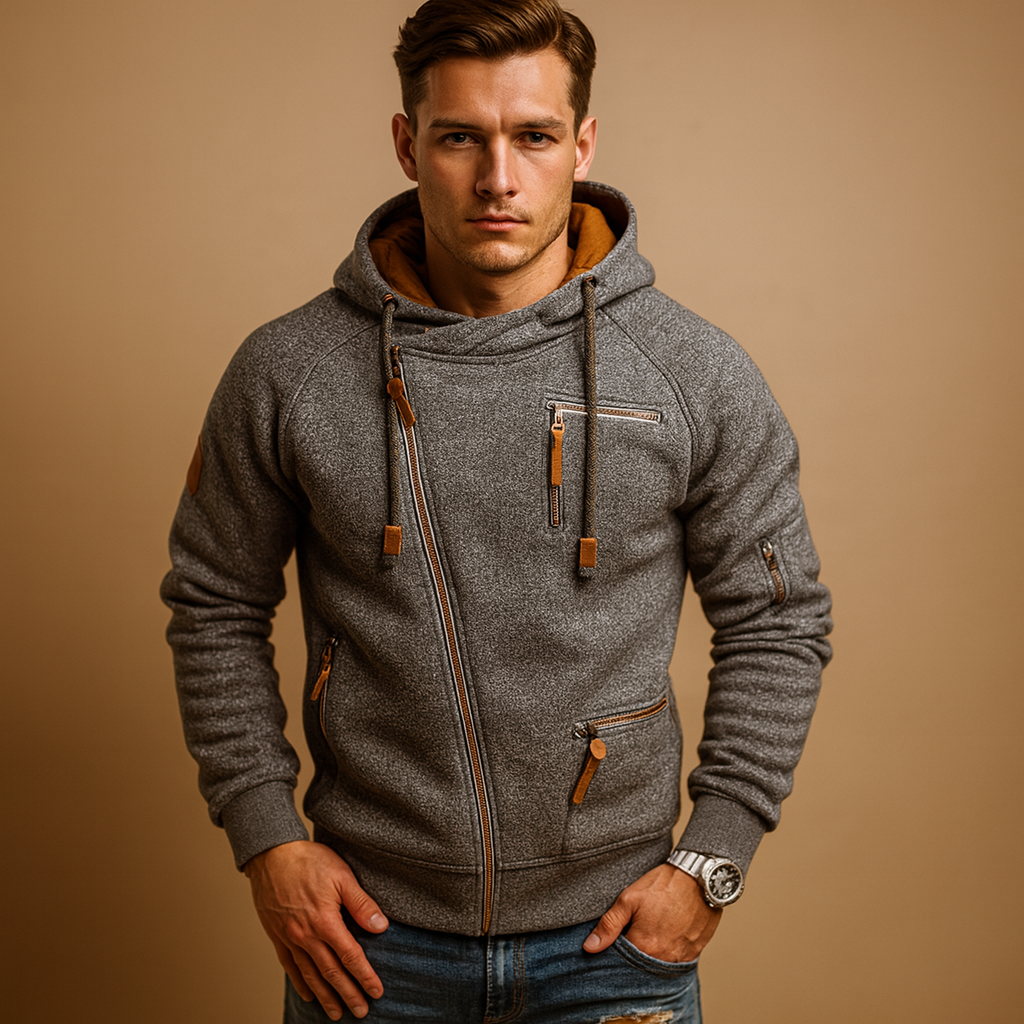 Men’s hooded zip jacket with pockets and urban design, perfect for autumn and winter casual or semi-formal outfits.