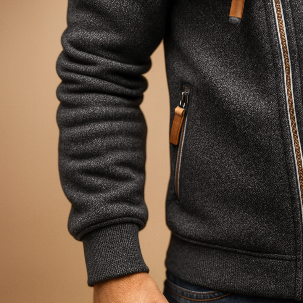 Men’s hooded zip jacket with pockets and urban design, perfect for autumn and winter casual or semi-formal outfits.
