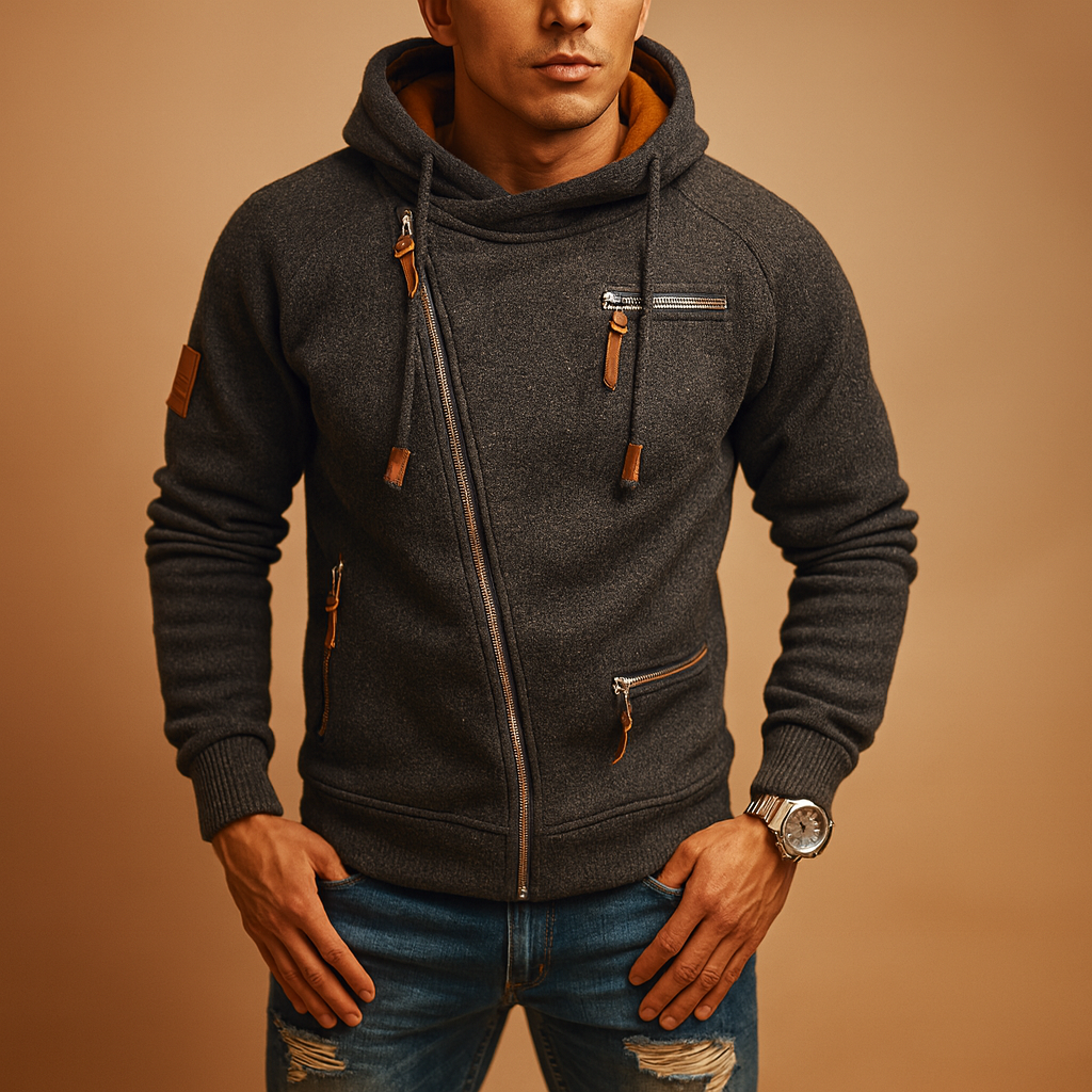 Men’s hooded zip jacket with pockets and urban design, perfect for autumn and winter casual or semi-formal outfits.