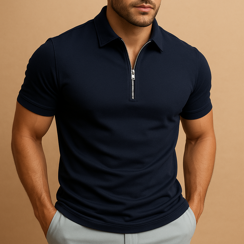 Men’s slim fit polo shirt with zipper neckline, modern cut, and breathable stain-resistant fabric. Perfect for work, leisure, or casual wear.