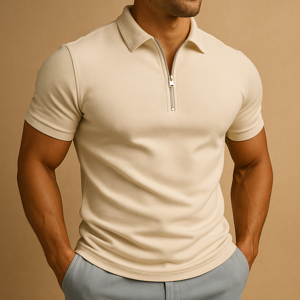 Men’s slim fit polo shirt with zipper neckline, modern cut, and breathable stain-resistant fabric. Perfect for work, leisure, or casual wear.