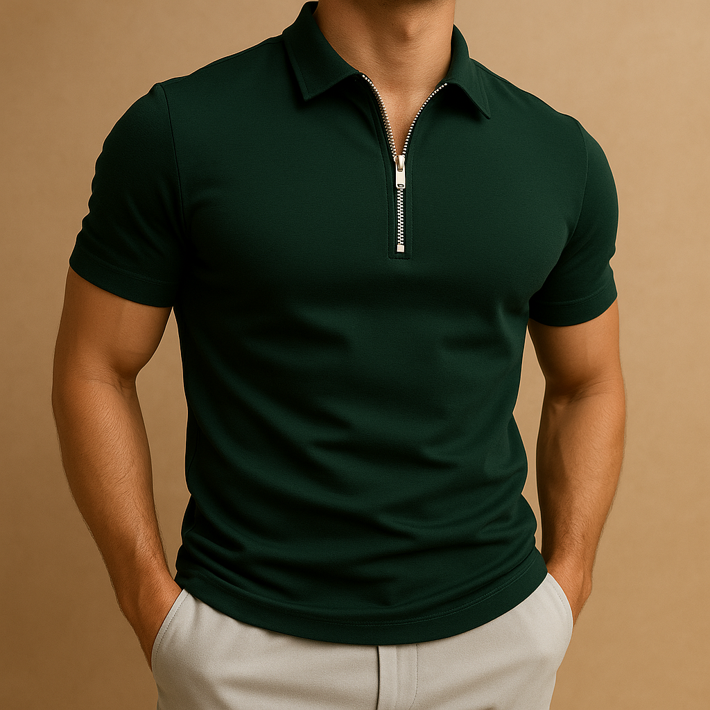 Men’s slim fit polo shirt with zipper neckline, modern cut, and breathable stain-resistant fabric. Perfect for work, leisure, or casual wear.