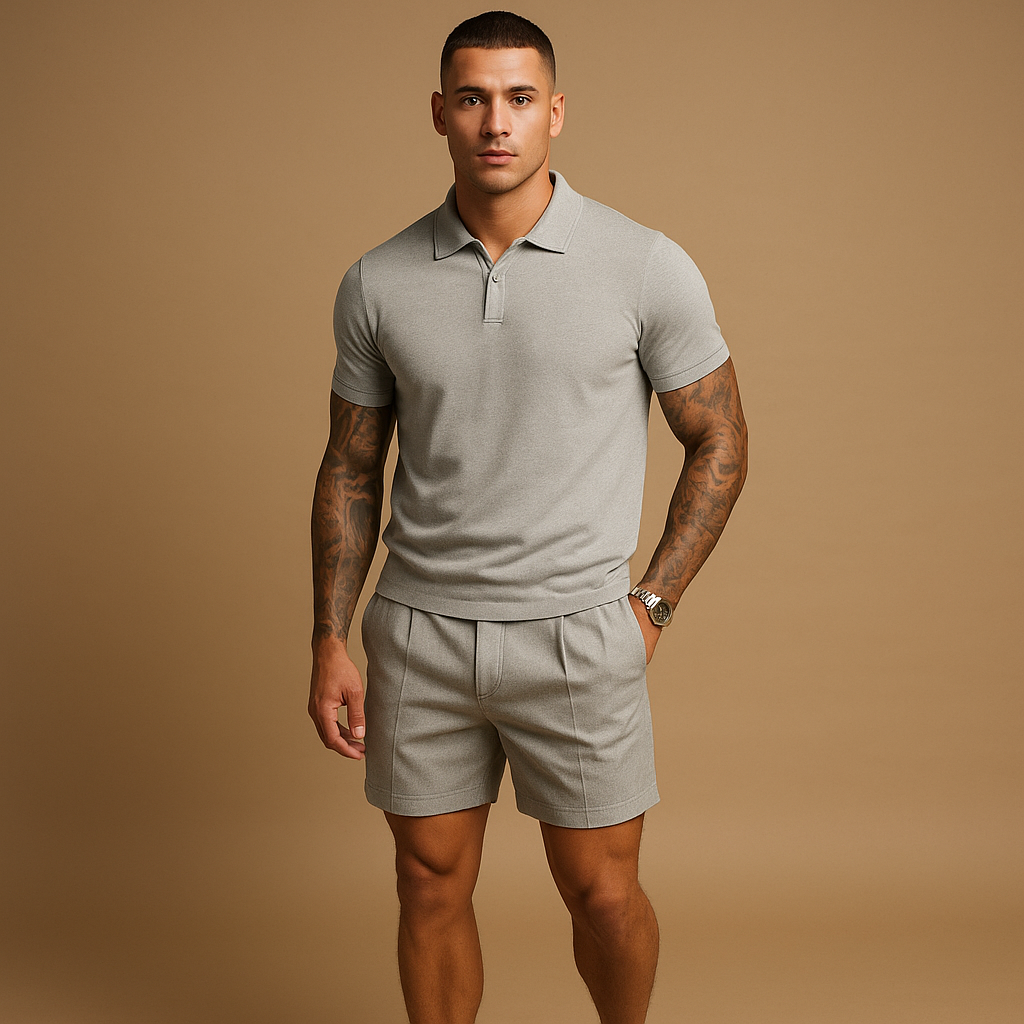 Modern streetwear set for men with matching shirt and shorts in a casual fit. Perfect for daily wear, urban style, and informal occasions.