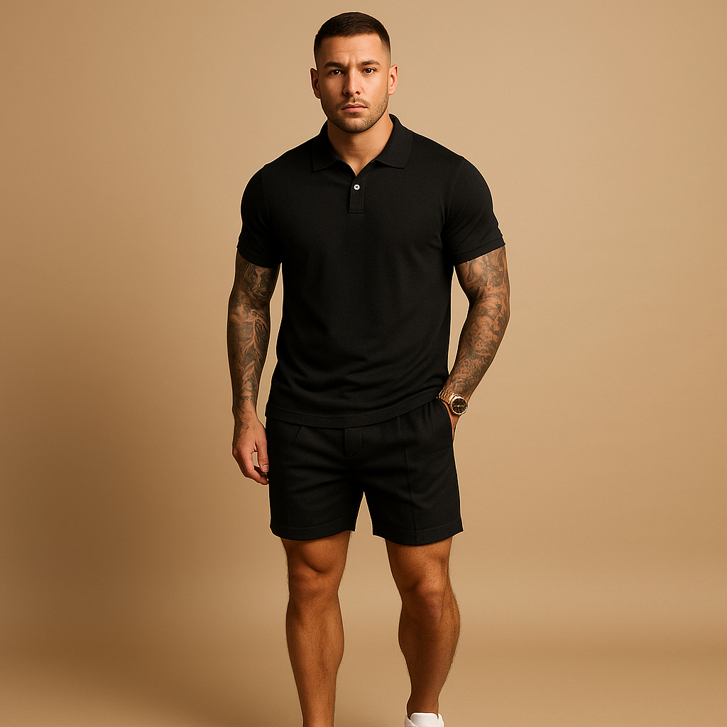Modern streetwear set for men with matching shirt and shorts in a casual fit. Perfect for daily wear, urban style, and informal occasions.