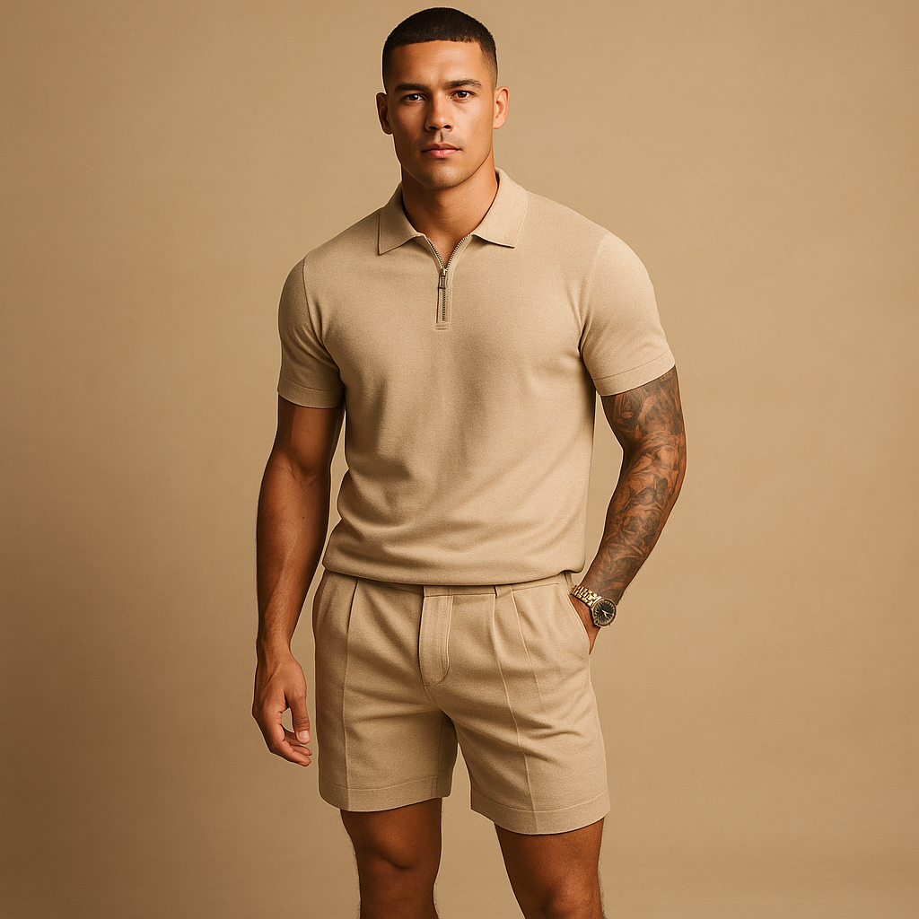 Modern streetwear set for men with matching shirt and shorts in a casual fit. Perfect for daily wear, urban style, and informal occasions.
