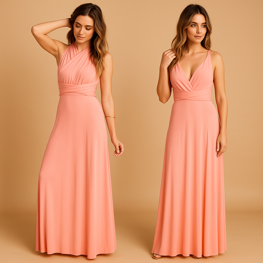 Elegant multiway wrap dress for women with pleated waist and long straps, offering 20+ styling options. Perfect for weddings, parties, and formal events.