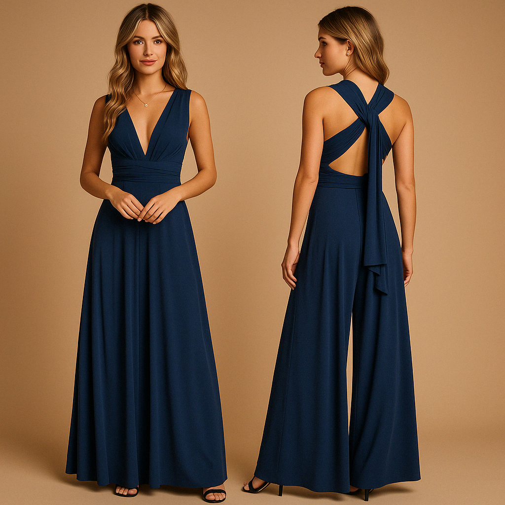 Elegant multiway wrap dress for women with pleated waist and long straps, offering 20+ styling options. Perfect for weddings, parties, and formal events.