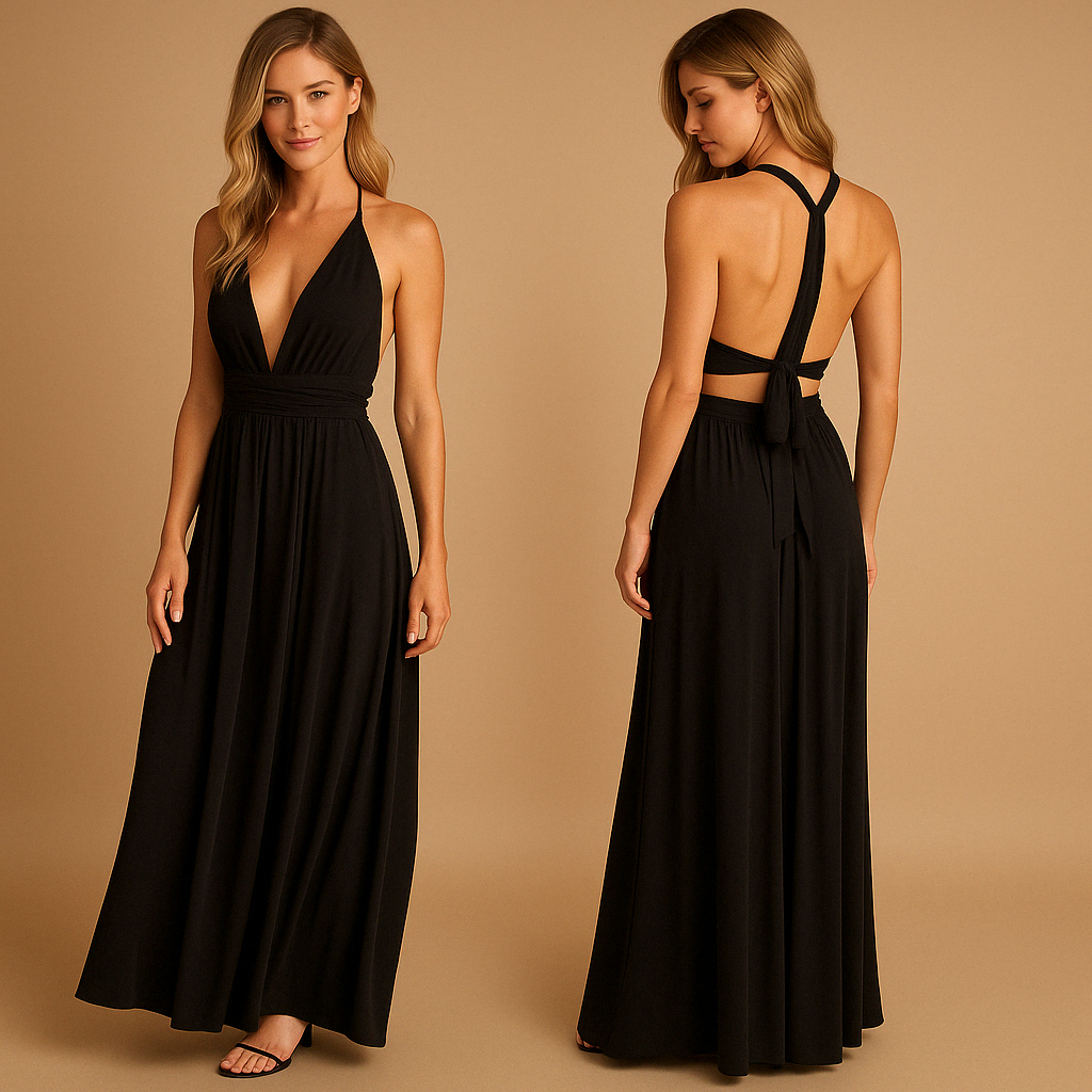 Elegant multiway wrap dress for women with pleated waist and long straps, offering 20+ styling options. Perfect for weddings, parties, and formal events.