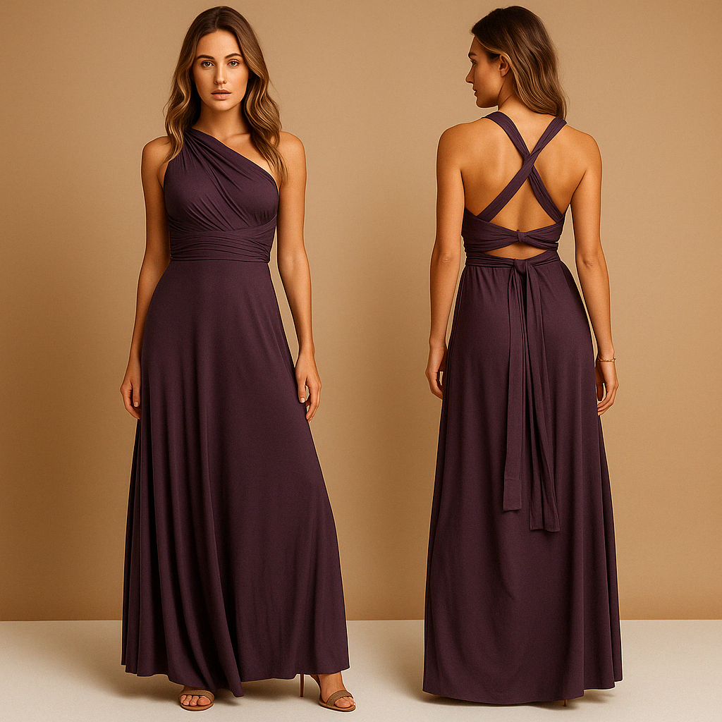 Elegant multiway wrap dress for women with pleated waist and long straps, offering 20+ styling options. Perfect for weddings, parties, and formal events.