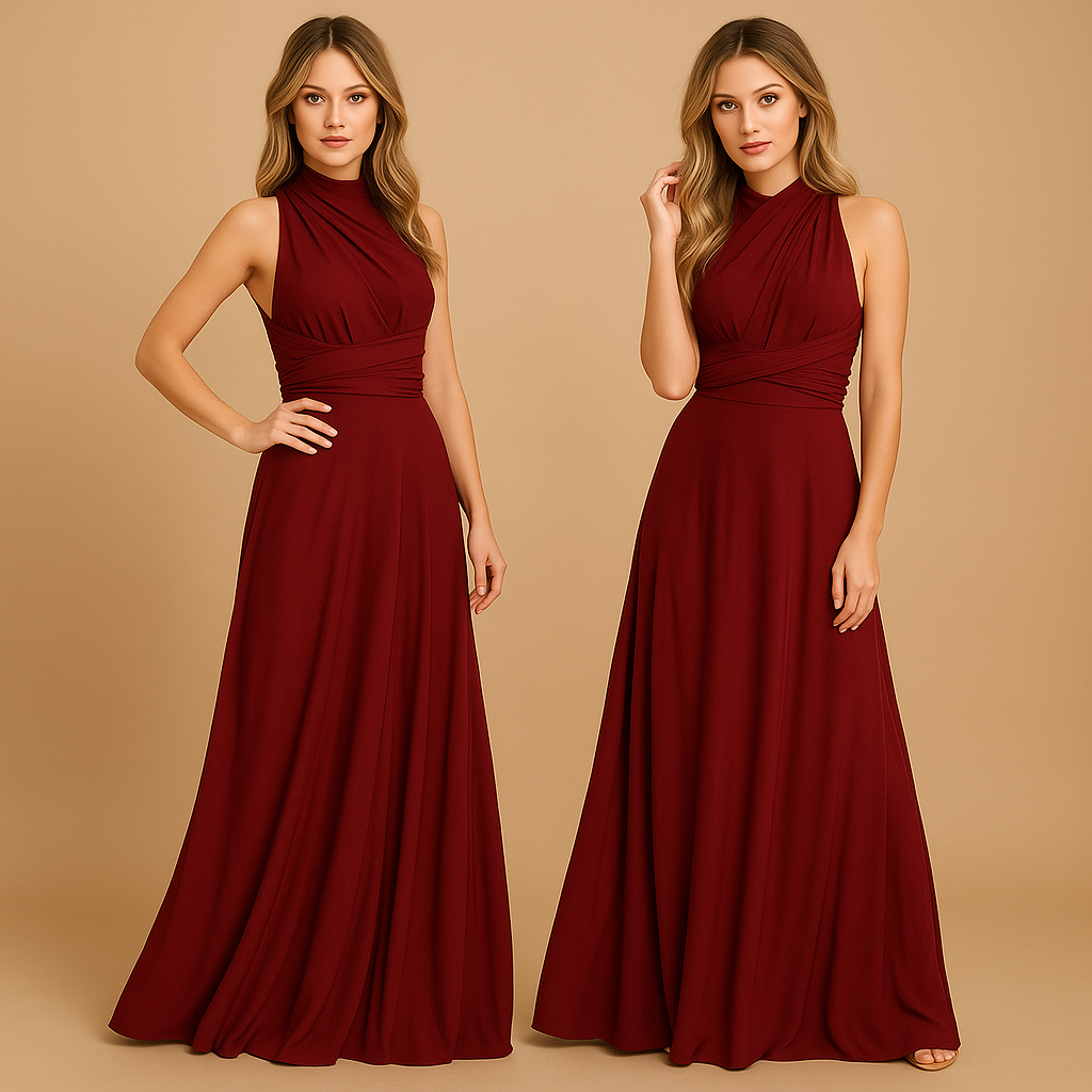 Elegant multiway wrap dress for women with pleated waist and long straps, offering 20+ styling options. Perfect for weddings, parties, and formal events.