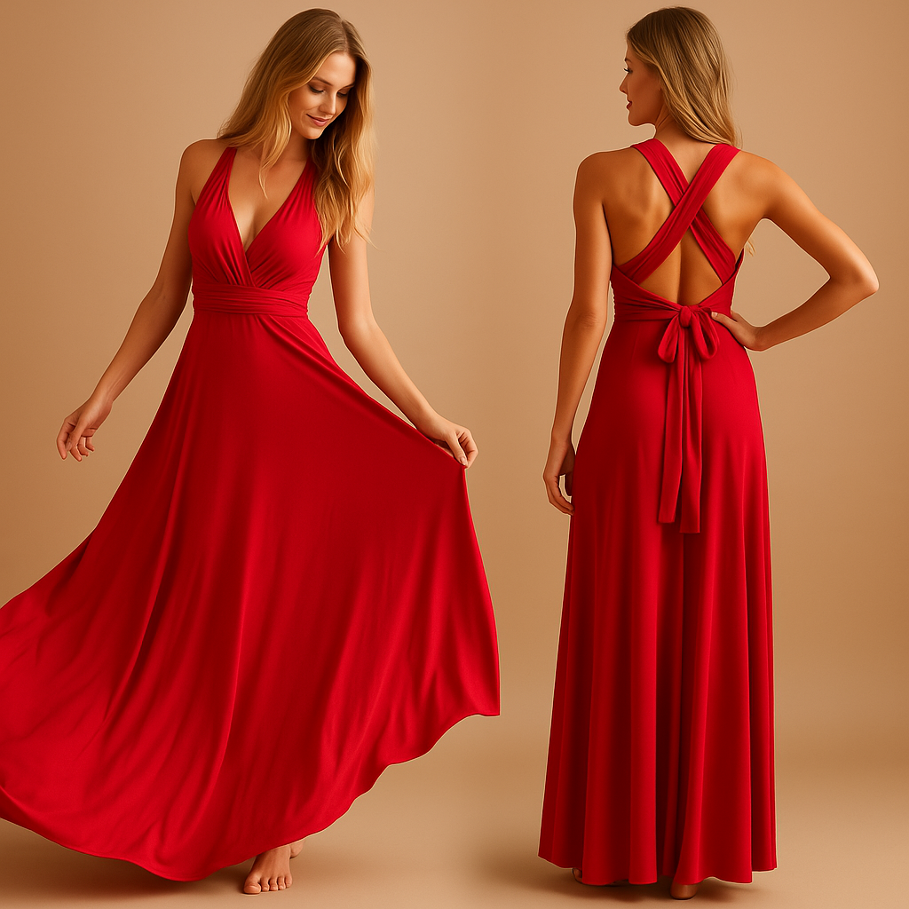 Elegant multiway wrap dress for women with pleated waist and long straps, offering 20+ styling options. Perfect for weddings, parties, and formal events.