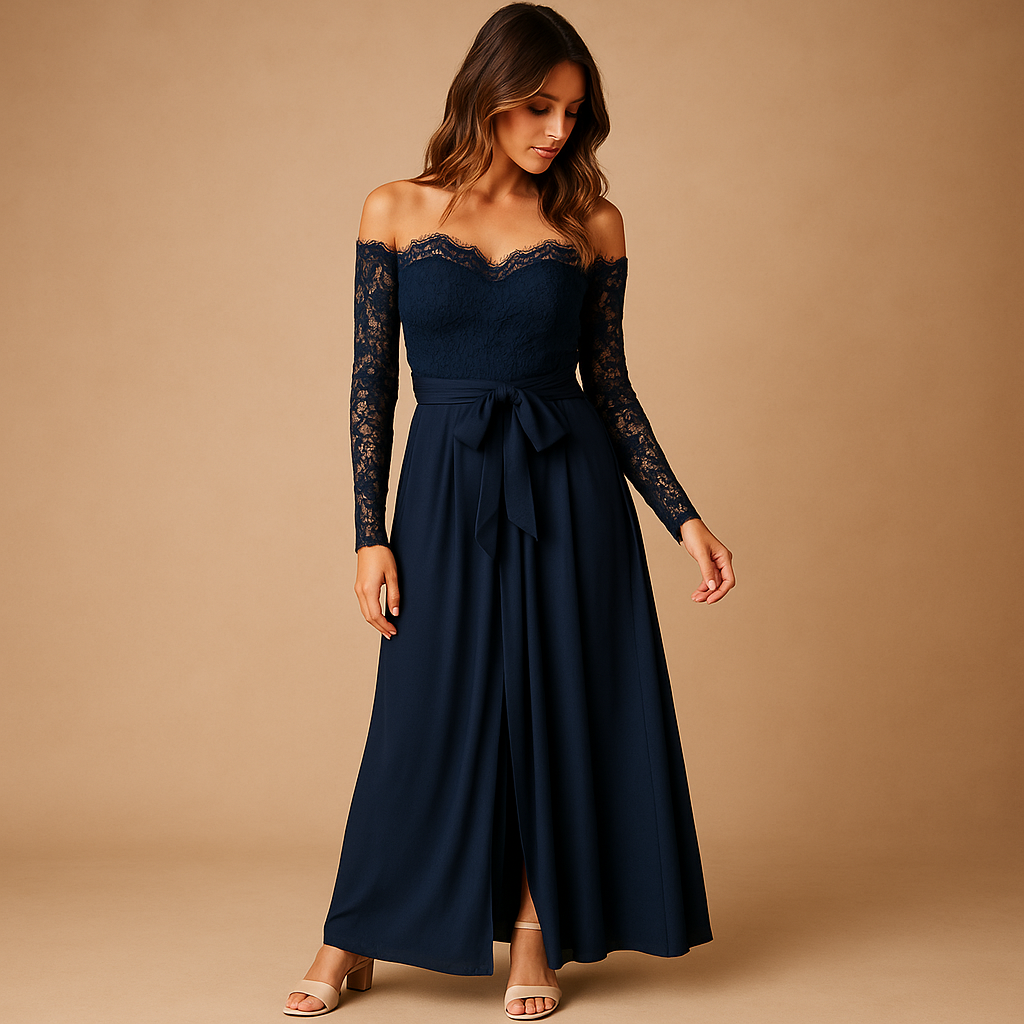 Women’s off-shoulder lace jumpsuit in navy blue with wide-leg slits, perfect for galas, evening events, and formal occasions.
