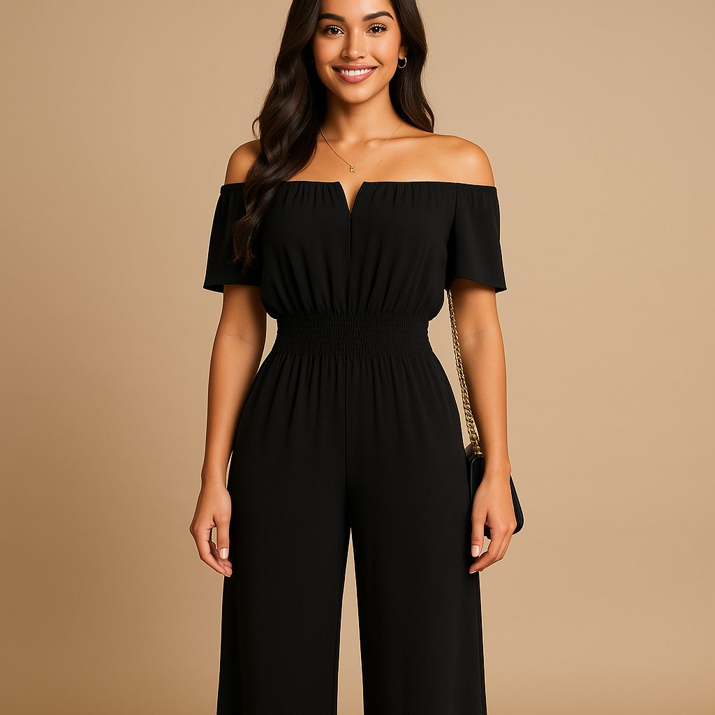 Women’s off-shoulder pleated jumpsuit with elastic waist and short sleeves, available in multiple colors. Perfect for summer parties, brunch, and beach outings.