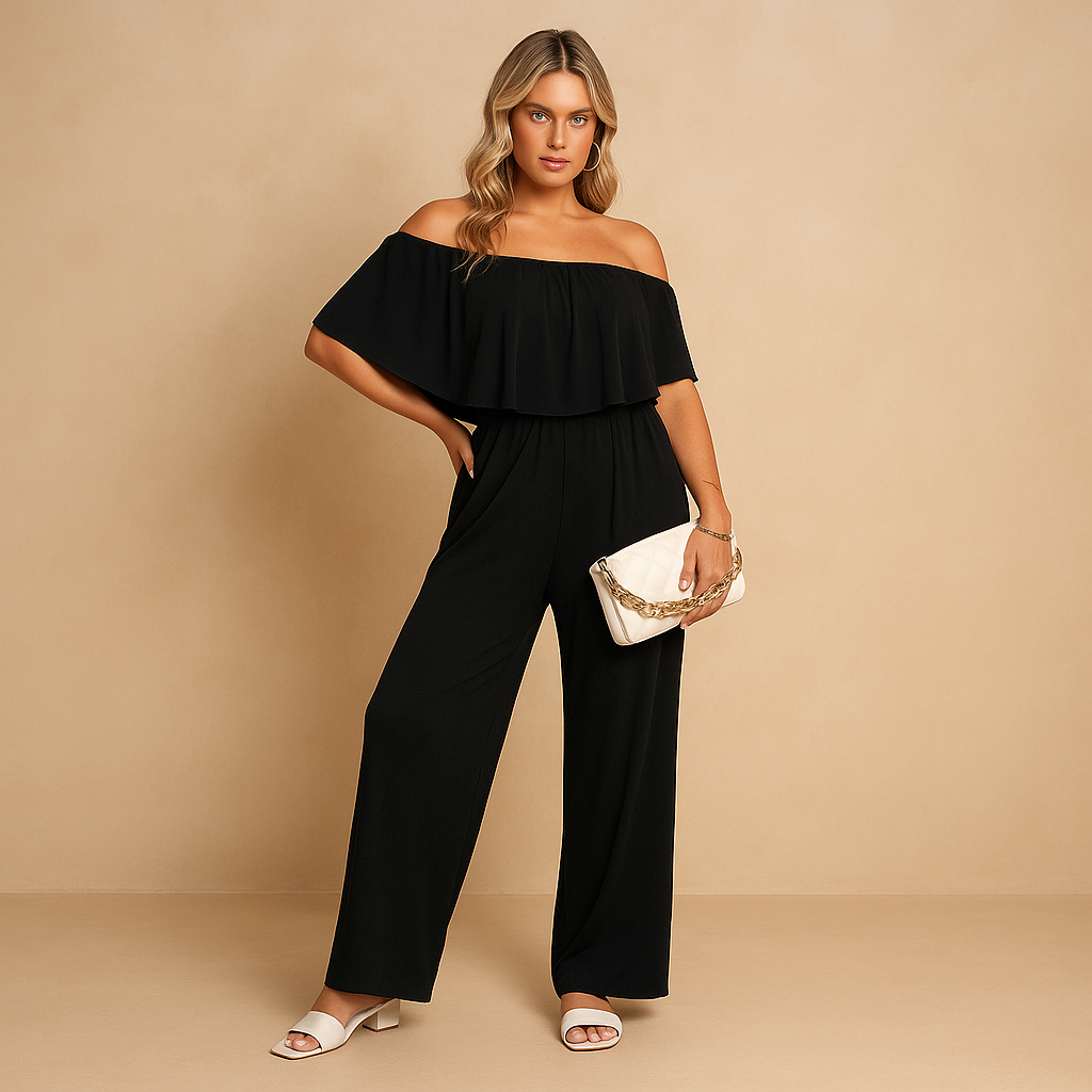 Women’s off-shoulder summer jumpsuit with loose airy fit, lightweight fabric, and feminine style. Available in grey, blue, red, and black.